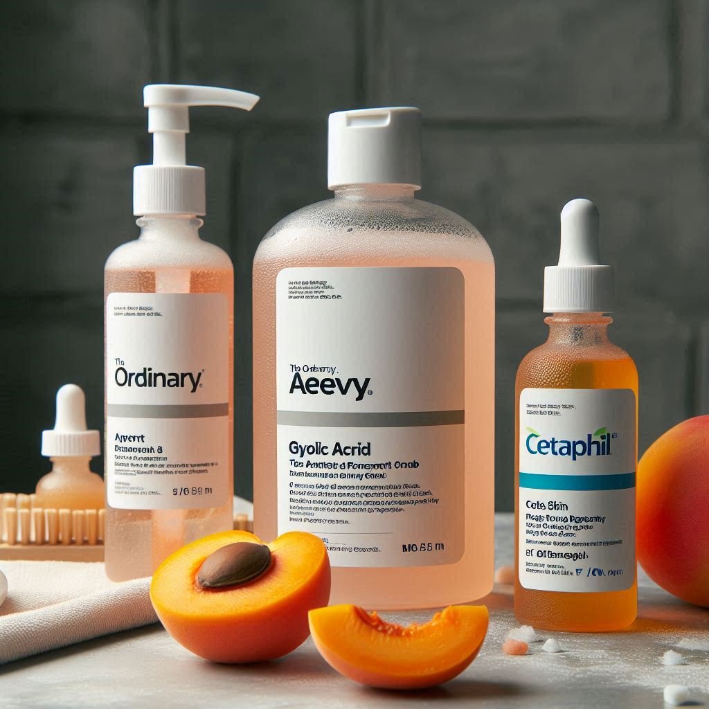 kalki fashion CeraVe, The Ordinary Glycolic Acid 7% Toning Solution, St. Ives Fresh Skin Apricot Scrub, Cetaphil bottles on a table for a photoshoot